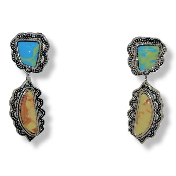 Silver-Tone Southwest Design Simulated Gemstone Drop Dangle Pierced Earrings - Picture 6 of 6